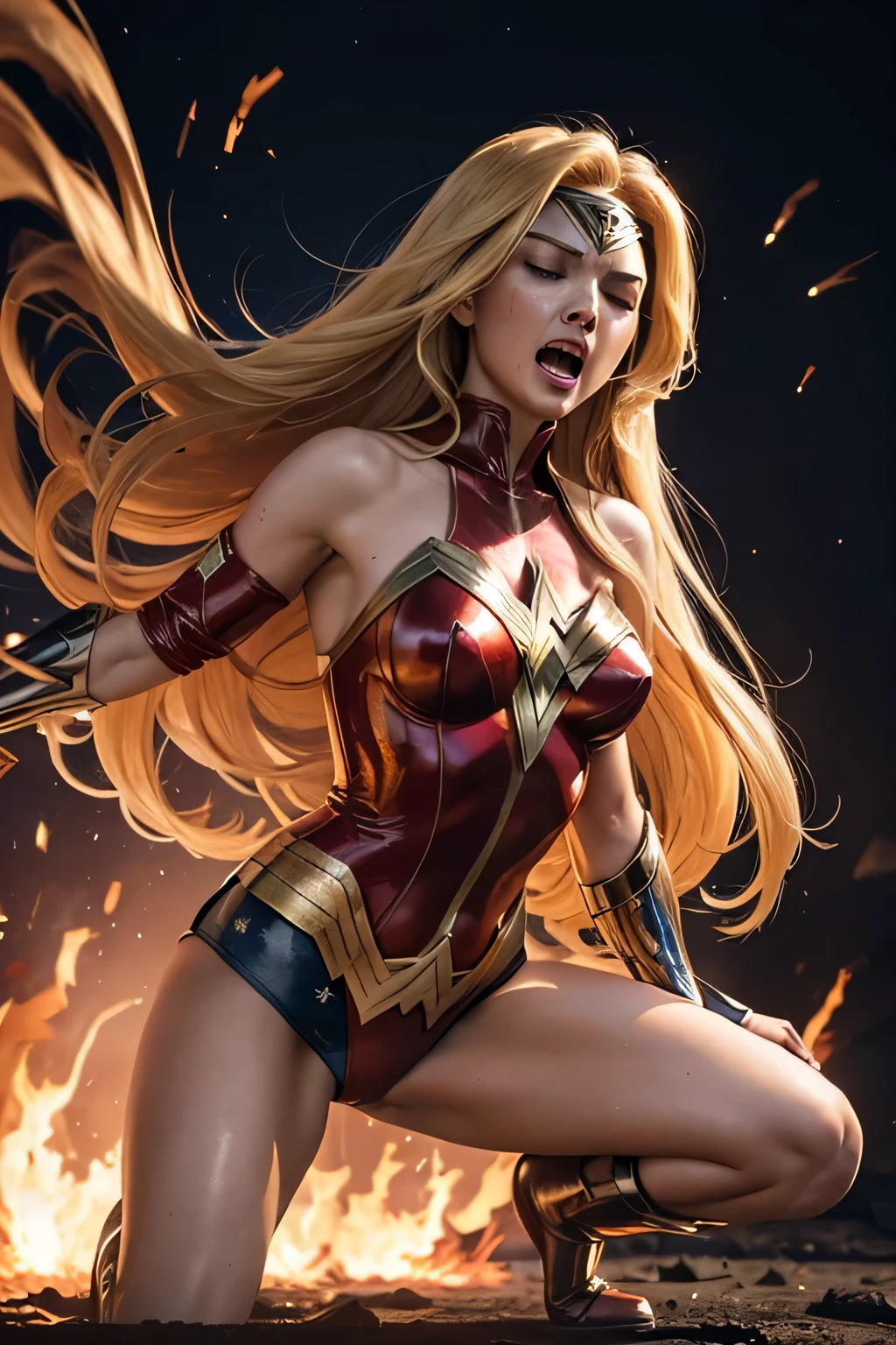 wonderwoman, long long gorgeous shine blonde hair, slender body, latex, leotard, bright red costume, ((blown away)), enveloped in heat hell, red heat, (received heat bullet), (burning air), dark red space distorted, cruelly, (painful), helpless, (screaming in pain), eyes closed, holding on, crouching, gritting teeth, suffering, leaning back, shrimp warping, (lying face up), spreading hands, lifting feet off the ground, being blow through the air, seen many explosion, explosion nitting her, hair swaying in hot air, in underground base 