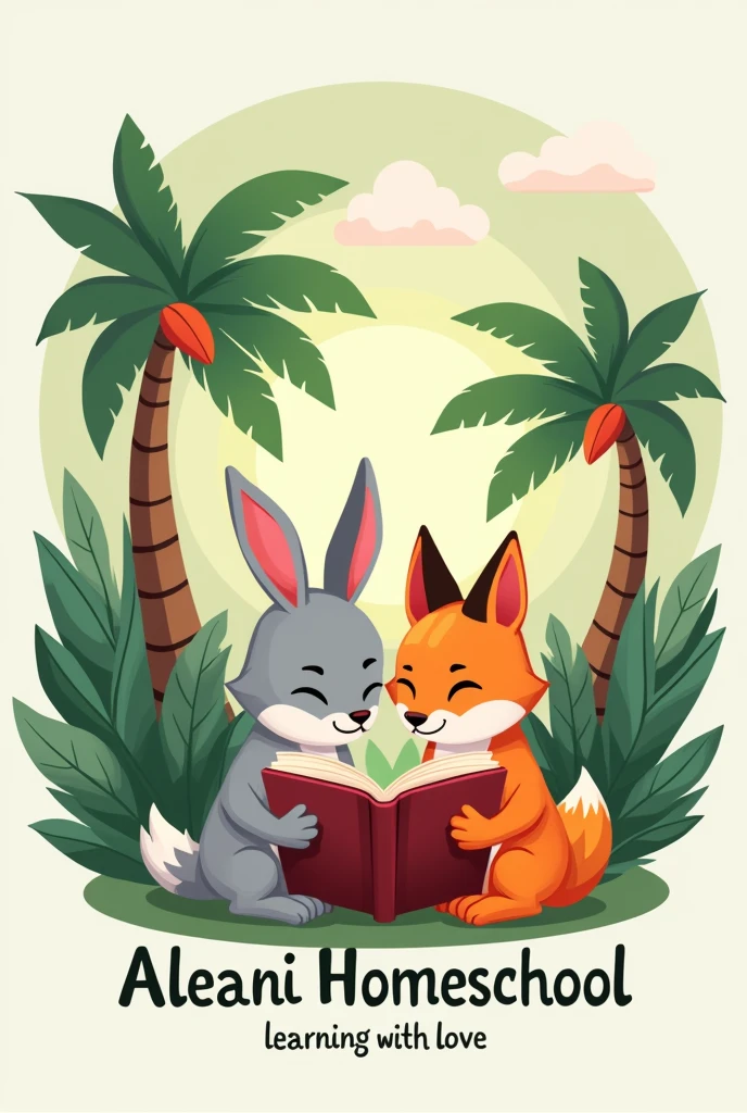 Logo with a bunny and a fox reading a book, Aleani Homeschool tropical forest background, I learn with love