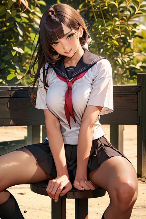 Best Picture, Masterpiece, 4K, High Quality, One Adult
Woman. The woman has brown hair. Her hair is straight, . Long slit eyes, green eyes,
Model like beauty, perfect proportions. Perfect legs. Perfect arms. High heels. 
She has a blush on her cheeks and a mischievous smile on her face.


Even over clothing, one can see the large, full breasts and erect nipples.
Even over clothing, one can see the large, full breasts and erect nipples.
A woman is Sitting, arms, later, folded, chest arched. woman iin In the grassy meadow, (((a woman is spreading her legs wide open, with her thighs spread wide apart. Silk underwear. A complete body. Perfect hands and legs. Beautiful body, beautiful legs. Beautiful hands. Perfect body, perfect legs. Perfect hands.
The woman's  , upper body . . Short-sleeved sailor uniform, very short pleated miniskirt, black socks, brown loafers.t, and her clothes show the bulge of her large breast and her nipples are raised. 



Upper Body . Bob. Shed bangs. Short-sleeved sailor suit, very short pleated miniskirt, black socks, brown loafers. One woman, seated.