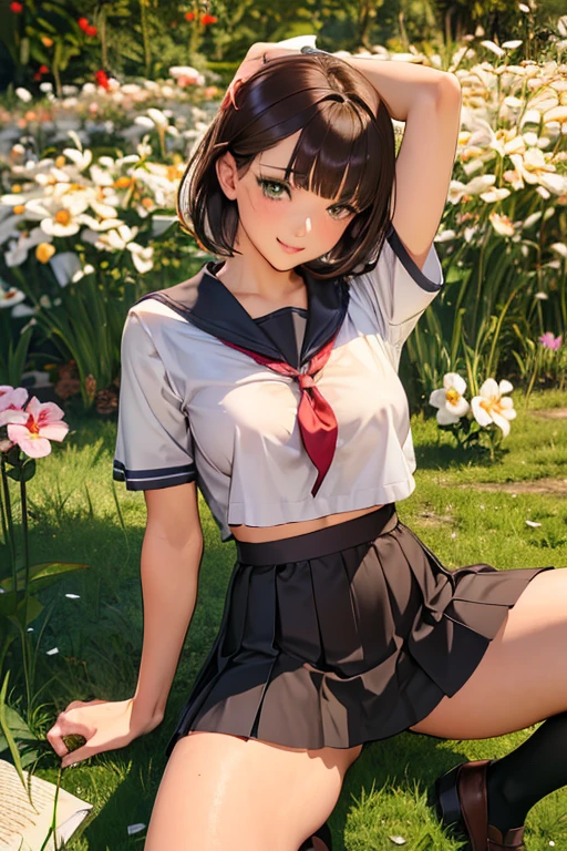 Best Picture, Masterpiece, 4K, High Quality, One Adult
Woman. The woman has brown hair. Her hair is straight, . Long slit eyes, green eyes,
Model like beauty, perfect proportions. Perfect legs. Perfect arms. High heels. 
She has a blush on her cheeks and a mischievous smile on her face.


Even over clothing, one can see the large, full breasts and erect nipples.
Even over clothing, one can see the large, full breasts and erect nipples.
A woman is Sitting, arms, later, folded, chest arched. woman iin In the grassy meadow, (((a woman is spreading her legs wide open, with her thighs spread wide apart. Silk underwear. A complete body. Perfect hands and legs. Beautiful body, beautiful legs. Beautiful hands. Perfect body, perfect legs. Perfect hands.
The woman's  , upper body . . Short-sleeved sailor uniform, very short pleated miniskirt, black socks, brown loafers.t, and her clothes show the bulge of her large breast and her nipples are raised. 



Upper Body . Bob. Shed bangs. Short-sleeved sailor suit, very short pleated miniskirt, black socks, brown loafers. One woman, seated.