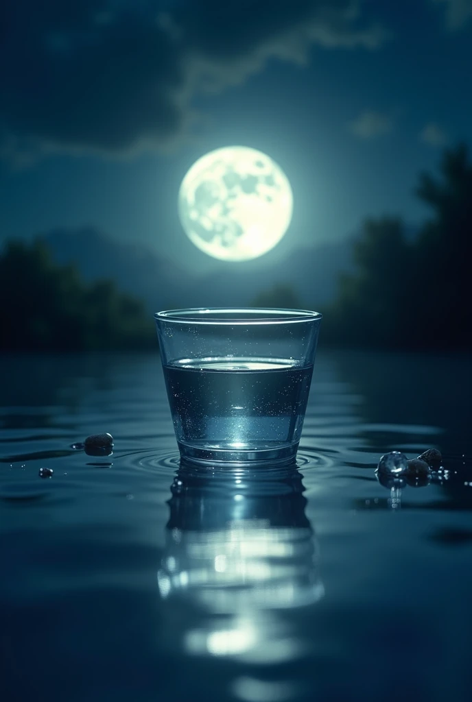 The night moon is visible in the water in a glass