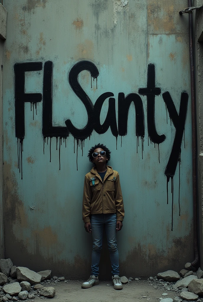Graffiti written on wall " FLSanty " dark depressive in the favela juliete glasses