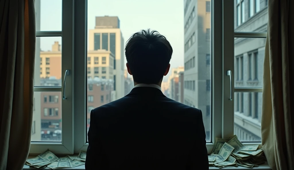 A black-haired man in a black suit looking out a window into a room full of bills towards the city