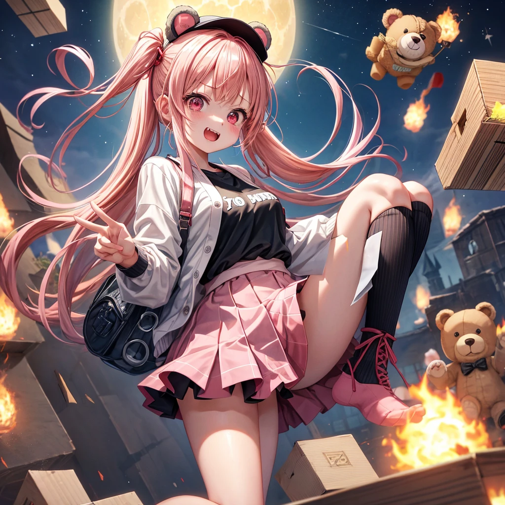 Pink Blonde、Red eyes、Hair tied up、One cute girl、solo、Checked mini skirt、black t-shirts、one piece、cardigan、Knee-high socks、bear ears baseball cap、Burning Full Moon、The tree is dead、Electric spectaculars、Cardboard boxes are piled up、Teeth are visible、Monster Castle、Tilting face、Starry Sky、A teddy bear is jumping