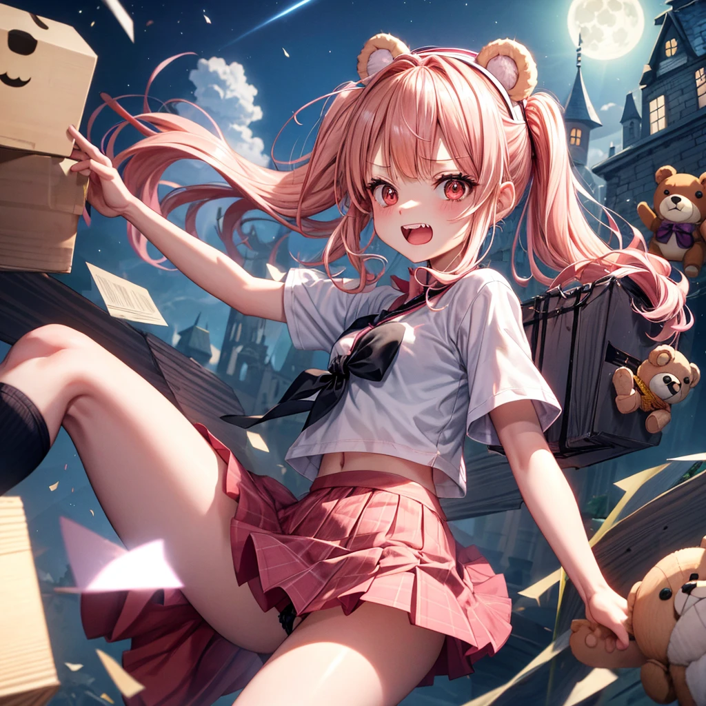 Pink Blonde、Red eyes、Hair tied up、One cute girl、solo、Checked mini skirt、black t-shirts、one piece、cardigan、Knee-high socks、bear ears baseball cap、Burning Full Moon、The tree is dead、Electric spectaculars、Cardboard boxes are piled up、Teeth are visible、Monster Castle、Tilting face、Starry Sky、A teddy bear is jumping