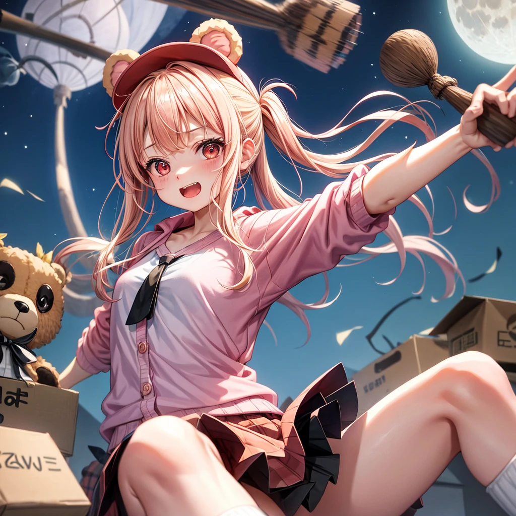 Pink Blonde、Red eyes、Hair tied up、One cute girl、solo、Checked mini skirt、black t-shirts、one piece、cardigan、Knee-high socks、bear ears baseball cap、Burning Full Moon、The tree is dead、Electric spectaculars、Cardboard boxes are piled up、Teeth are visible、Monster Castle、Tilting face、Starry Sky、A teddy bear is jumping