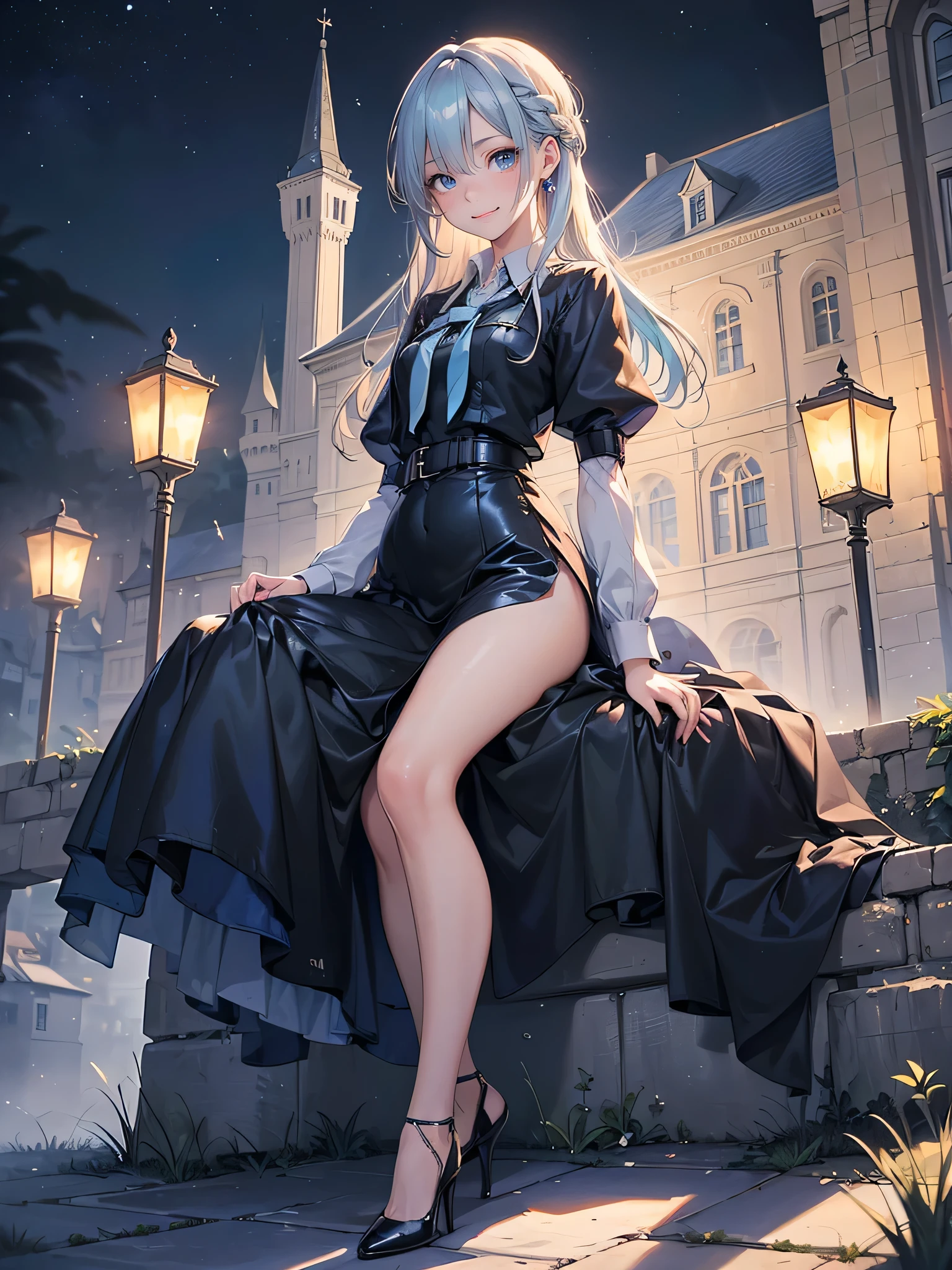 ((Biologically correct limb count)),(( From head to toe,Full-body photo including face)),4K,masterpiece,((Focus on the face)),((Symmetrical facial features)),Eyes with detailed description,Beautiful woman,Great style,Beautiful arms,Beautiful legs,Beautiful Hands,(Small Ass,Thin thighs),Detailed depiction of the face,Small earrings,necklace,(Will school uniform,dress((High heels))),((Outdoors at night, early morning)),(((blue blonde))),Realistic photo,Looking up,smile,((Sitting upright in front of a Western castle,Panty shot)),Nobody is here,(Thick Fog)
