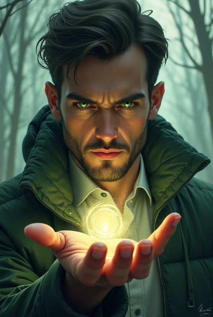 an illustration style  where man with green eyes is holding   secrets in a hand .