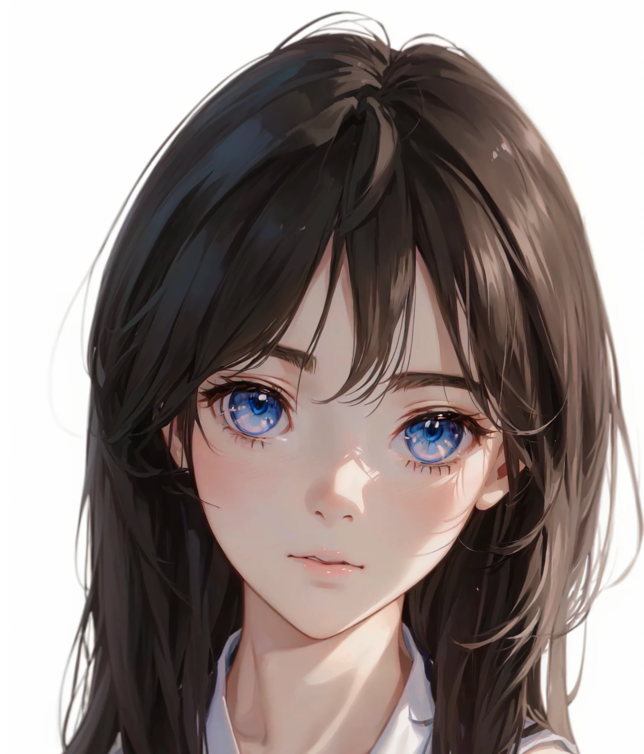 anime girl with long hair and blue eyes in a white shirt, Cute and natural anime face, realistic Young anime girl, Portrait of anime girl, Kawaii realistic portrait, Detailed portrait of anime girl, Stunning anime face portraits, Cute anime face, Young anime girl, Portrait Anime Girl, cute Anime Girl Portrait, Very cute anime girl face, Beautiful anime portrait, Anime Girl Portrait