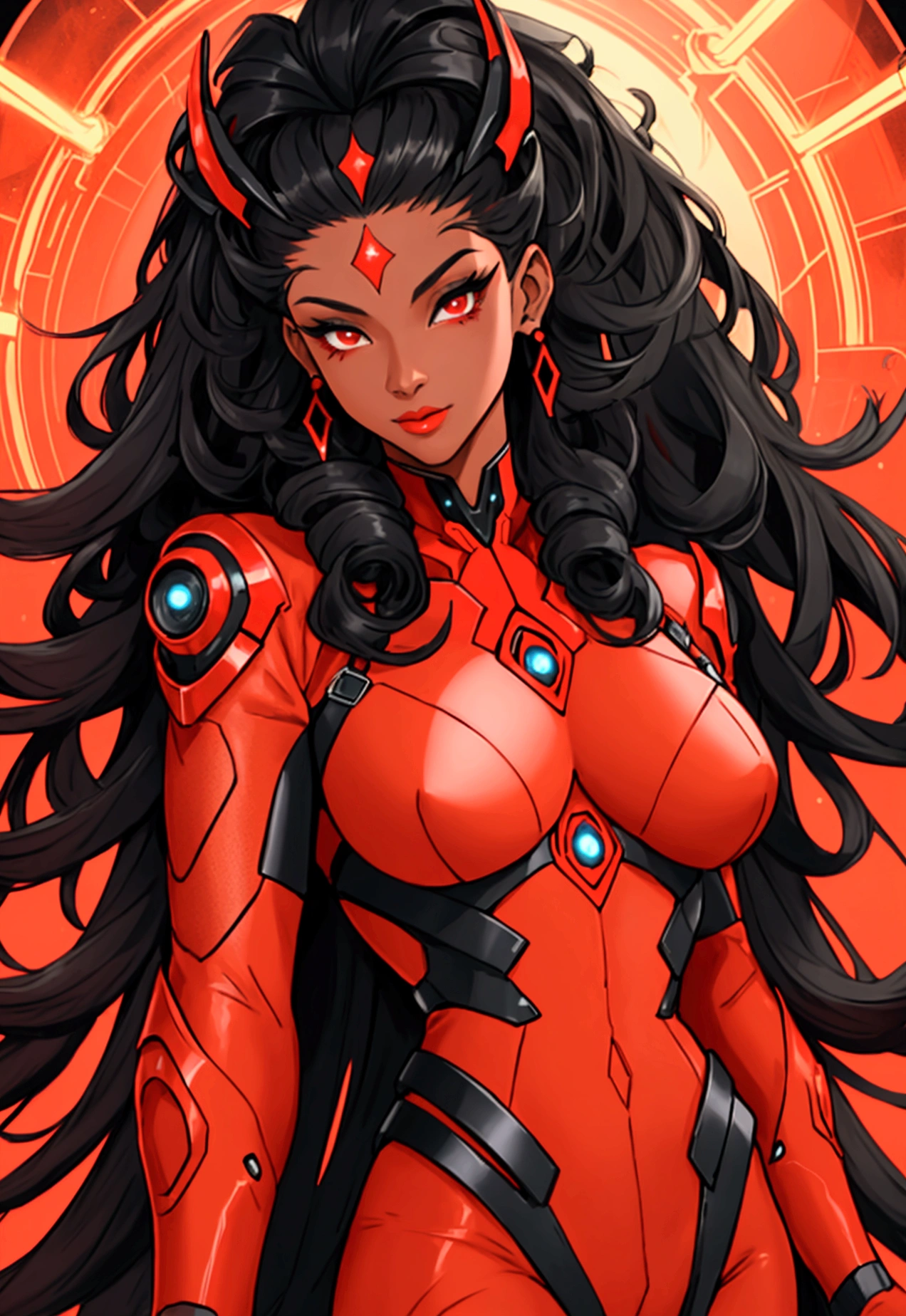 Hole body, black and red clothing, Futuristic drag queen clothing ideas, tan lattin skin, ultra detailed, long curly black hair