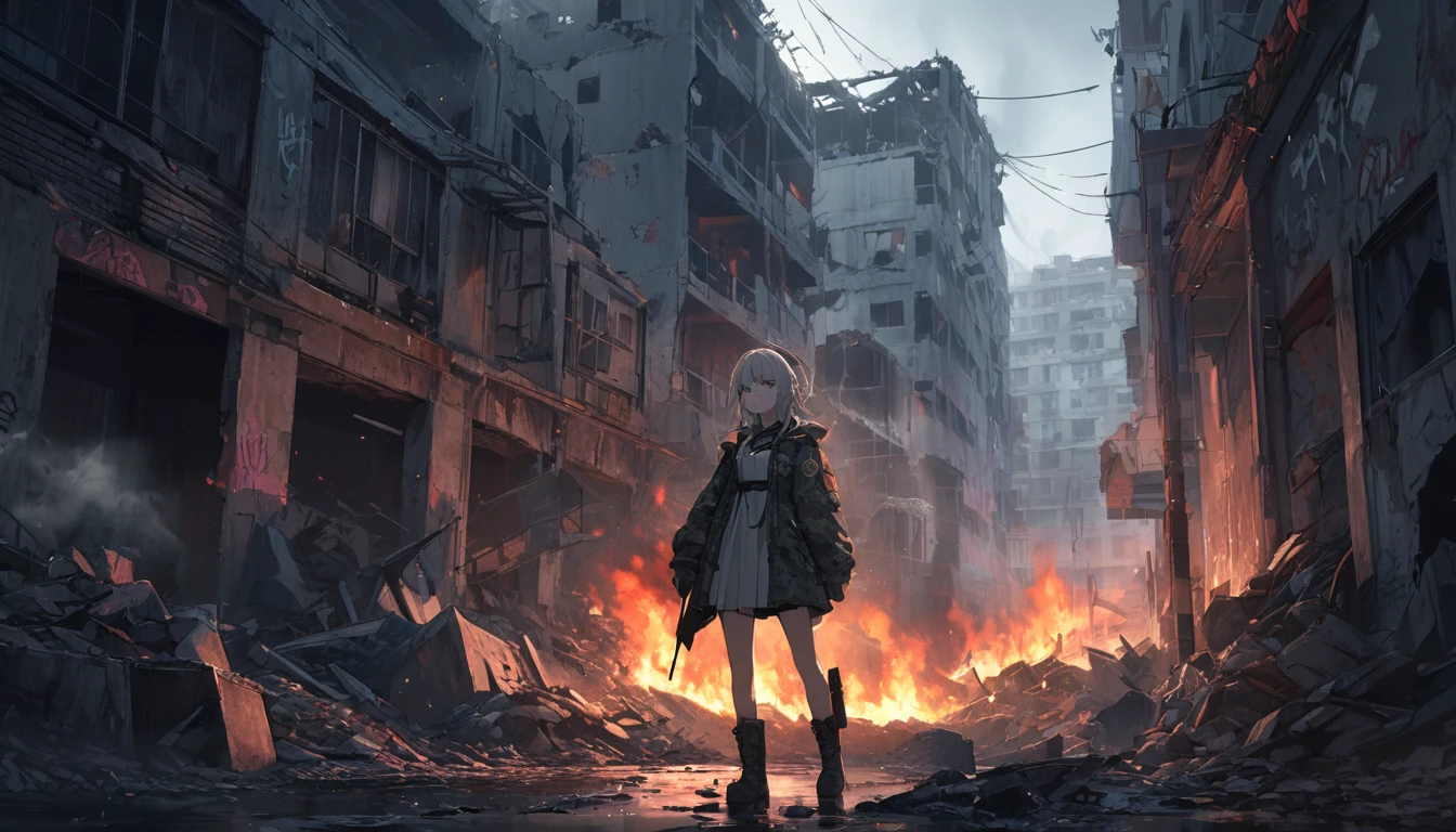 **232. One person。A ruined city and a female rebel warrior。Devastation+restive。Cowboy shot or close up。
masterpiece, Highest quality, Super detailed (Detailed fingers), (Emotional), (Breathtakingly beautiful),
(main part: 1.2 Whole body。), (Anime Style), (Very detailed), (restiveな),
(超High resolution, High resolution), (8k), (High resolution: 1.2), (Complex and beautiful: 1.2)**
- background: Abandoned Slum Scene、Wall covered with graffiti。
- character: Female soldier in tattered jacket and military boots。
-pose: Holding a bat in the ruins、Look straight ahead。
-Performance: 鋭い目つきとrestiveな表情、Makes you feel determined。
- effect: Smoke is leaking from the destroyed building、A fire burning in the distance。
-hue: Dark tones、Contrast with the neon lights that glow in some areas。