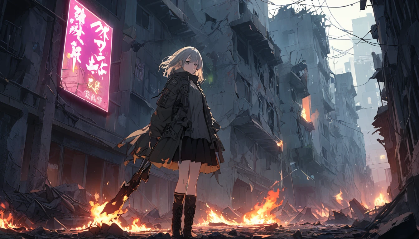 **232. One person。A ruined city and a female rebel warrior。Devastation+restive。Cowboy shot or close up。
masterpiece, Highest quality, Super detailed (Detailed fingers), (Emotional), (Breathtakingly beautiful),
(main part: 1.2 Whole body。), (Anime Style), (Very detailed), (restiveな),
(超High resolution, High resolution), (8k), (High resolution: 1.2), (Complex and beautiful: 1.2)**
- background: Abandoned Slum Scene、Wall covered with graffiti。
- character: Female soldier in tattered jacket and military boots。
-pose: Holding a bat in the ruins、Look straight ahead。
-Performance: 鋭い目つきとrestiveな表情、Makes you feel determined。
- effect: Smoke is leaking from the destroyed building、A fire burning in the distance。
-hue: Dark tones、Contrast with the neon lights that glow in some areas。
