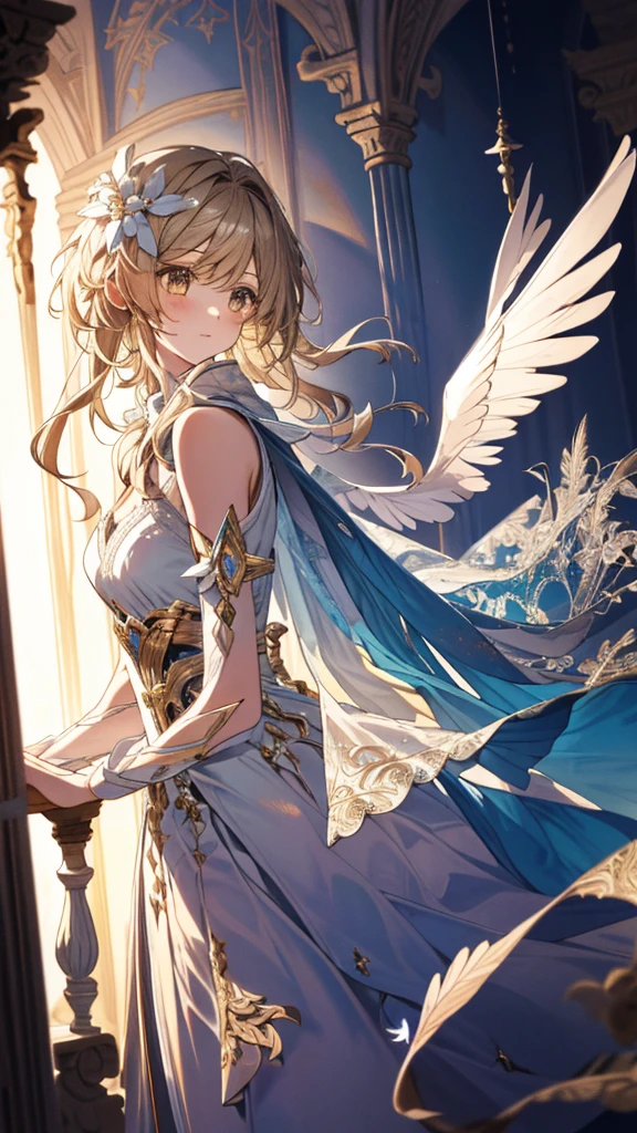 An imaginative artwork featuring a girl with two wings, evoking a sense of wonder and freedom, (Artistic fantasy:1.1), (Whimsical allure:1.3), (Graceful levitation:1.2), (Feather details:1.1), (Enchanting atmosphere:1.2), (Intricate and delicate touches:1.3), (Soft and dreamy color scheme:1.2), (Magical exploration:1.1).