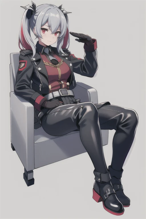 prinz eugen \(warship girls r\),black leather rider jacket, Fingertips of black leather gloves on both hands, wearing black leather gloves, sitting in a black leather chair、 Japanese female new employee (black leather gloves cover both hands) (The angle is horizontal)、black leather leather pants, black leather black leather pants, black leather skinny pants、Long black leather boots on both feet、 ((He wears black leather gloves on his hands))Full body photo, full body shot full body full body leather suit, ☺If you turn in this direction。wearing black leather gloves, wearing black leather gloves, wearing black leather gloves, wearing black leather gloves, wearing black leather gloves, wearing black leather gloves, Red eyes with highlights, Blue short hair(delicate eyes)，twintails