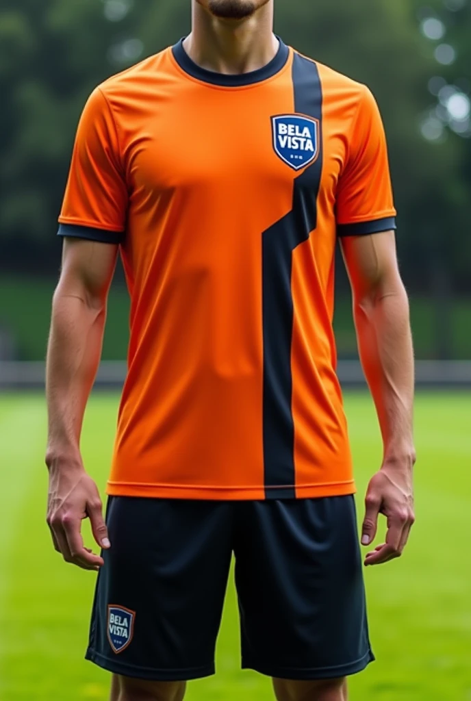 Custom soccer uniform primary color orange, with thin vertical navy blue stripes, black shorts and shield on the left side of the chest with the word bela vista written on it
