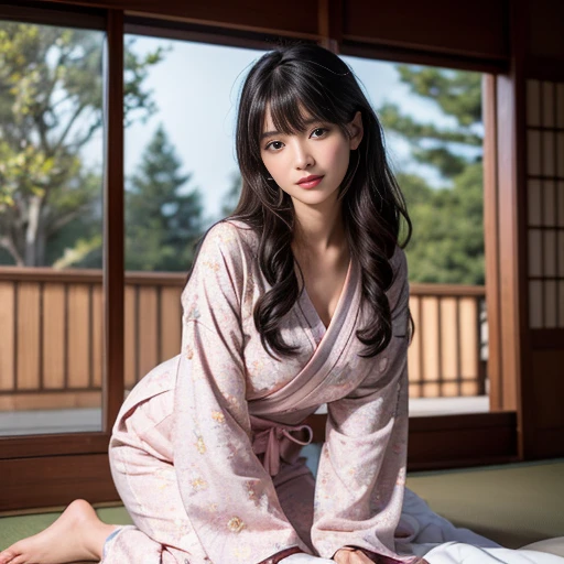 best quality, Delicate face,beautiful visual work, lifelike, eternity, black hair, Long curly hair, blunt bangs, Smile, Detailed Background, Delicate face,blush,cold,((masterpiece))、(top quality)、8k、high detail、Super detailed,41-year-old female,Wearing a yukata, Kneeling on the tatami, masterpiece、born、Scenes resembling fairy tale illustrations、intricate details和複雜的設計、Beautifully、magic、capricious、 Beautifully、Dream aesthetics、「𝓡𝓸𝓶𝓪𝓷𝓽𝓲𝓬、ethereal、charming、fickle、magic」、realism、Visual effects、FXAA、SSAO、Shader、voiceless、ambient lighting、Tone mapping、High resolution、Ultra high quality、Million pixels、(8K resolution:1.10)、8k、8k以下、8K resolution、high detail、intricate details, (high quality:1.2、masterpiece:1.2、:1.21)、(41-year-old female:1.21)、(興奮地Smile)、(Surrounded by a dreamy atmosphere、Model diagram,full-body shot,Normal 2 feet,Put your hands behind you,The protrusion of the breast is visible when wearing clothes, Large Breasts, H cup chest, Don't show your fingers, full-body shot, full-body shot,full-body shot,full-body shot,full-body shot,full-body shot,full-body shot,full-body shot,hands hidden in clothes, hands hidden in clothes,hands hidden in clothes,hands hidden in clothes,hands hidden in clothes,hands hidden in clothes,hands hidden in clothes,hands hidden in clothes,hands hidden in clothes, ,hands hidden in sleeves ,hands hidden in sleeves ,hands hidden in sleeves ,hands hidden in sleeves ,hands hidden in sleeves ,hands hidden in sleeves ,hands hidden in sleeves ,hands hidden in sleeves, arms behind back, arms behind back,indoor, Japanese style decoration, Japanese style architecture, Japanese-style room, 在Japanese-style room內, Pink and white yukata with flower pattern, Pink and white floral pattern yukata, Yukata with cherry blossom pattern on it, White yukata with pink cherry blossom pattern
