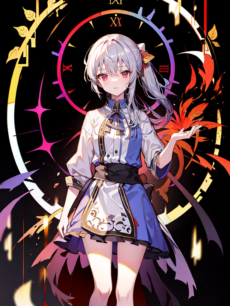 masterpiece, absurdres, novel cover, cover illustration, 1girl, solo, white-haired ponytail, mage robes, flower background, clock background, monochrome, line drawing