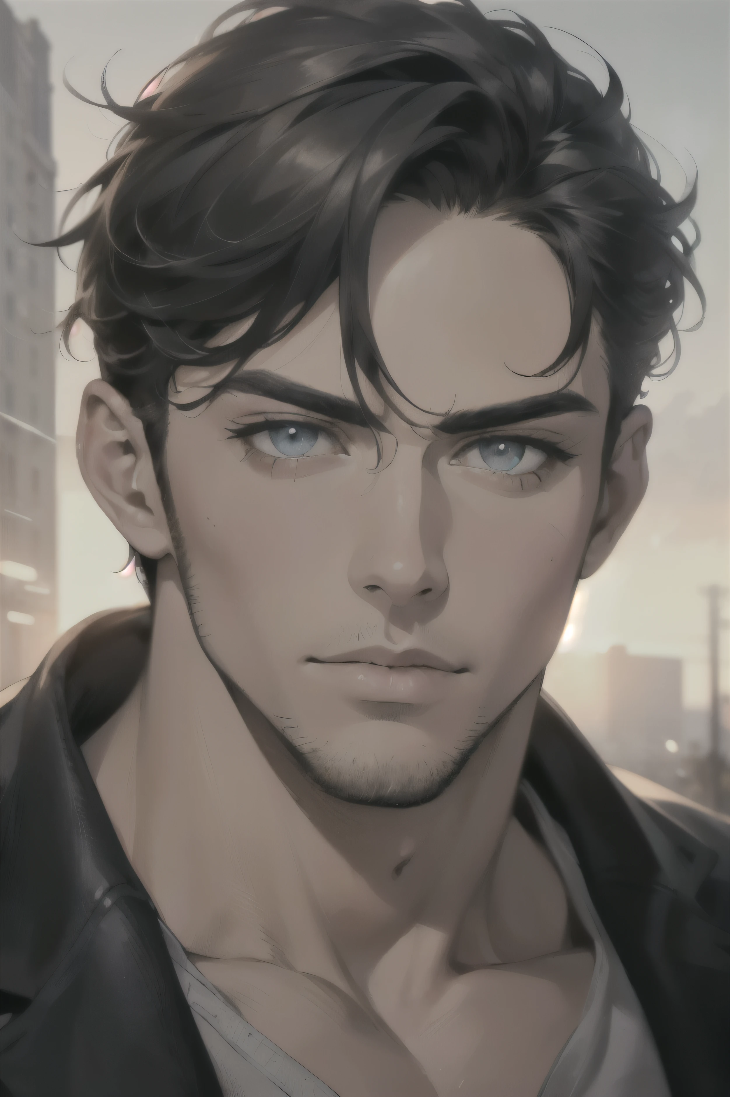 (Best Quality,4k,8k,High resolution,masterpiece:1.2),ultra detailed,(realist,photorealist,photo-realist:1.37),1 man,31 years,mature man,very handsome,muscular,without expresion,barba,short gray black hair,blue eyes,glare,perfect face without mistakes,imposing posture,cinematic lighting,imagen hdr