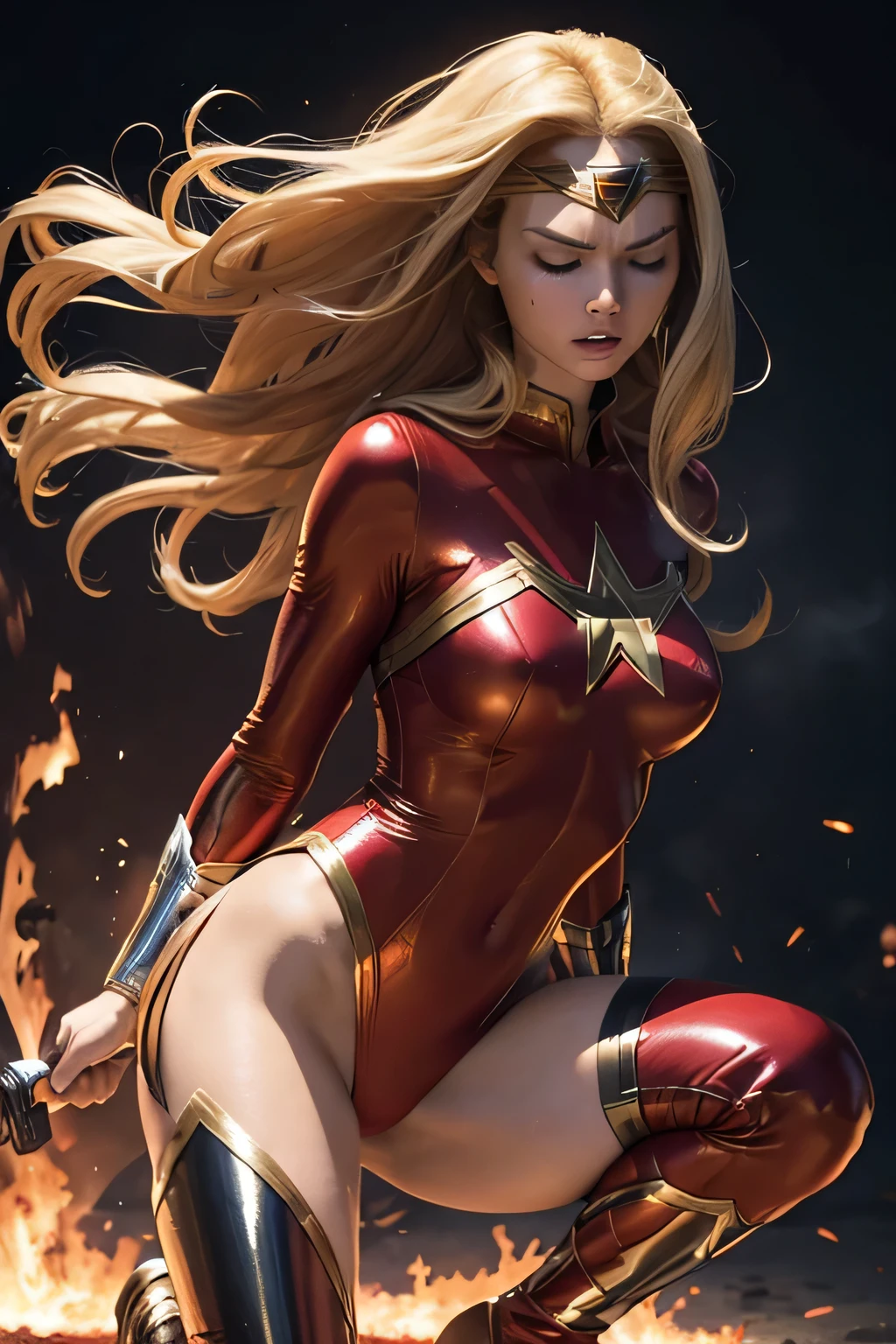 wonderwoman, long long gorgeous shine blonde hair, slender body, latex, leotard, bright red costume, ((blown away)), enveloped in heat hell, red heat, (received heat bullet), (burning air), dark red space distorted, cruelly, (painful), helpless, (screaming in pain), eyes closed, holding on, crouching, gritting teeth, suffering, leaning back, shrimp warping, (lying face up), spreading hands, lifting feet off the ground, being blow through the air, seen many explosion, explosion nitting her, hair swaying in hot air, in underground base 