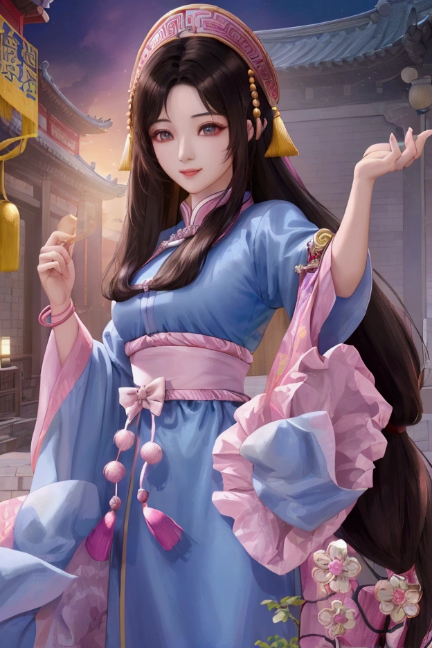 (Highest quality、 8k 、masterpiece、High resolution)、(Chinese Drama、Changgexing、Li Changge、Dililaba)、Tang Dynasty、Changan、1 Female、Beautiful young person、blue eyes、Pretty lips、Hairpin、decoration、(Noble Princess)、(Anime Beauty)、(Anime Art)、Smiling and posing happily、Bright atmosphere、Light colored long hair、Light pink Hanfu、古いChanganの街並み、Tang Dynasty Buildings、Tang Dynasty Buildings、Official Art、Detailed CG、