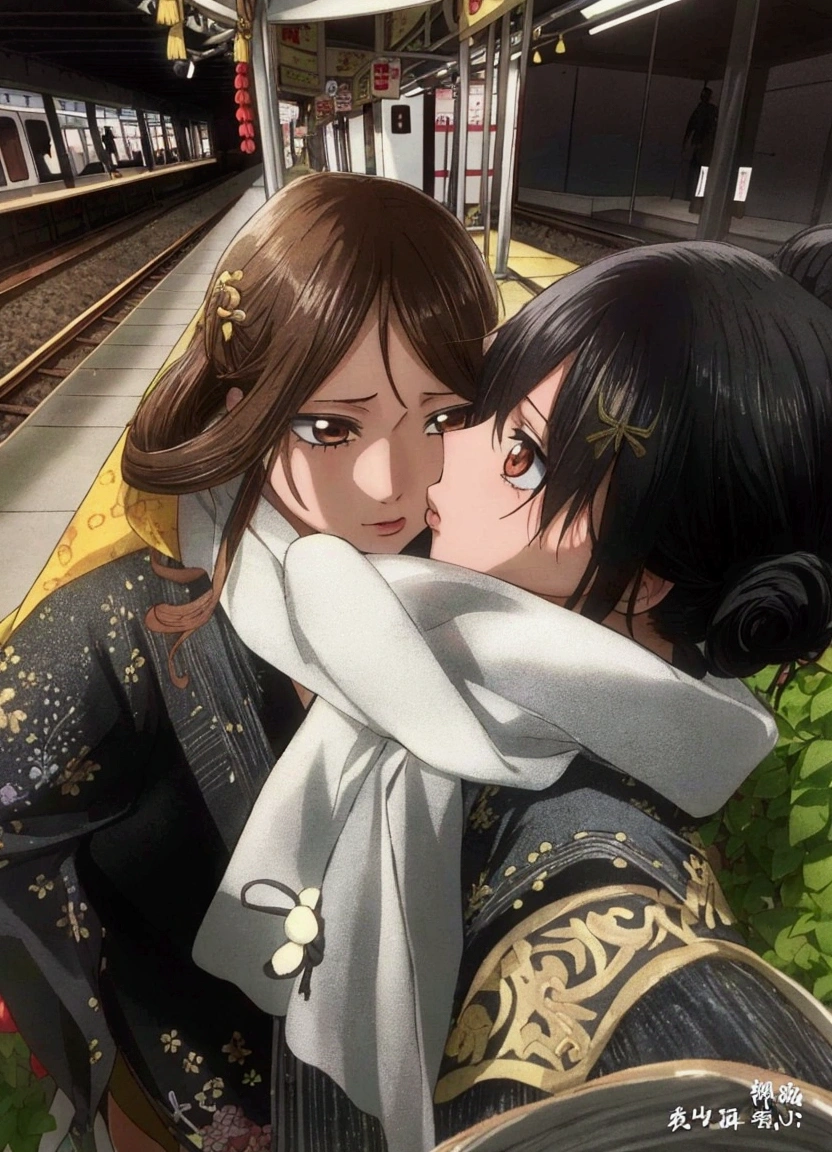 one piece style, 2 girls, two people, araffes and a woman kissing each other on a train platform, yoshitomo nara and aya takano, huang yuxing and aya takano, kissing together cutely, nixeu and sakimichan, alena aenami and lilia alvarado, with her long, ulzzang, with ivy, fiona staples and kinu nishimura