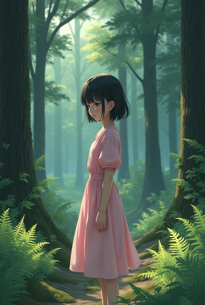 Japanese girl with short hair and pink dress in a forest crying