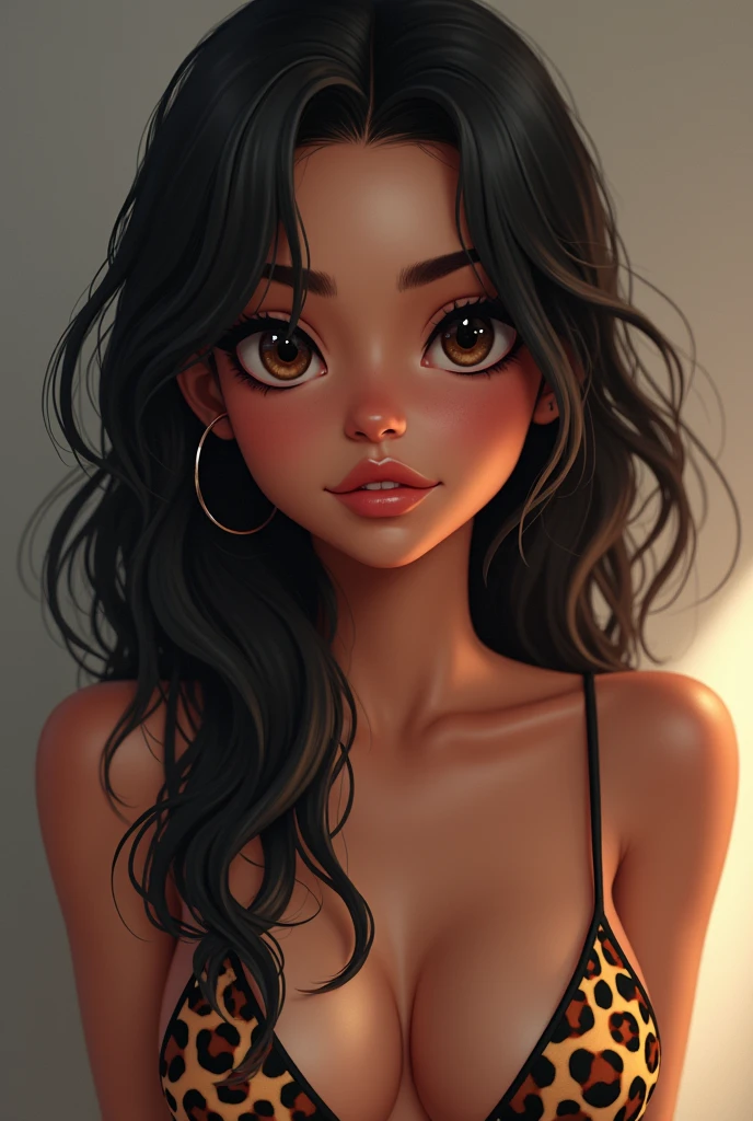 Beautiful 28 year old brunette latina girl, eyes large, breasts big, small and slender, 8k, Maximum quality, (very detailed head: 1.0), (very highly detailed face: 1.0), (very detailed hair: 1.0), leopard print skirt raised, wonderful ass sample,very detailed official art, clean and detailed photorealistic, ssmile, dark haired, long hair, smooth and messy