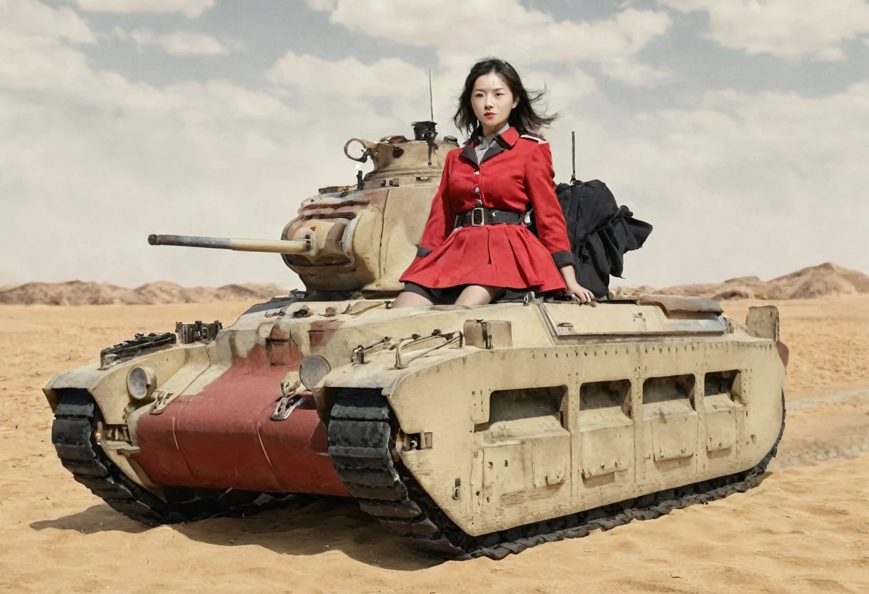 Matilda tank in the desert、(Realistic depiction of the Matilda tank)、A group of female cavalry soldiers accompanying the、 ( Beautiful female cavalry, Red jacket、Black mini skirt、Black boots)、Converting monochrome photos to pale color through digital color restoration、