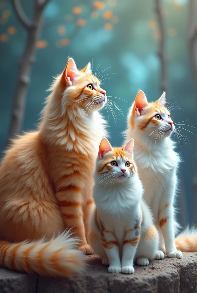 Create a surreal image of three big cats: an extreme light orange long hair persian cat, an extreme calico Persian cat (light pastel colors: cream, gray, white)with short hair; y un gato criollo color white con parches naranjas pelo mediano.