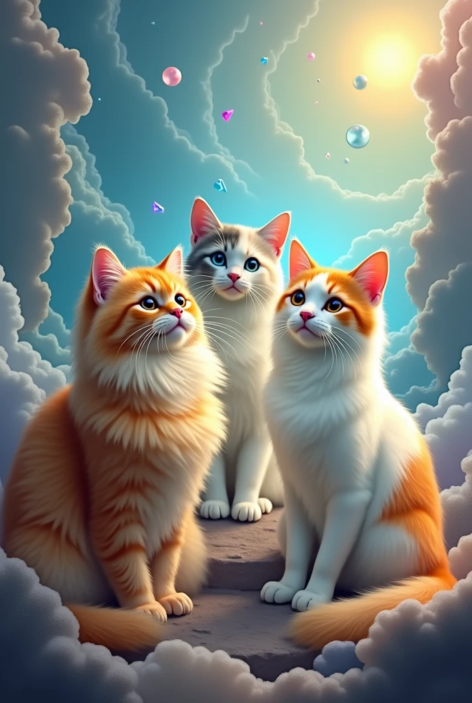Create a surreal image of three big cats: an extreme light orange long hair persian cat, an extreme calico Persian cat (light pastel colors: cream, gray, white)with short hair; y un gato criollo color white con parches naranjas pelo mediano.