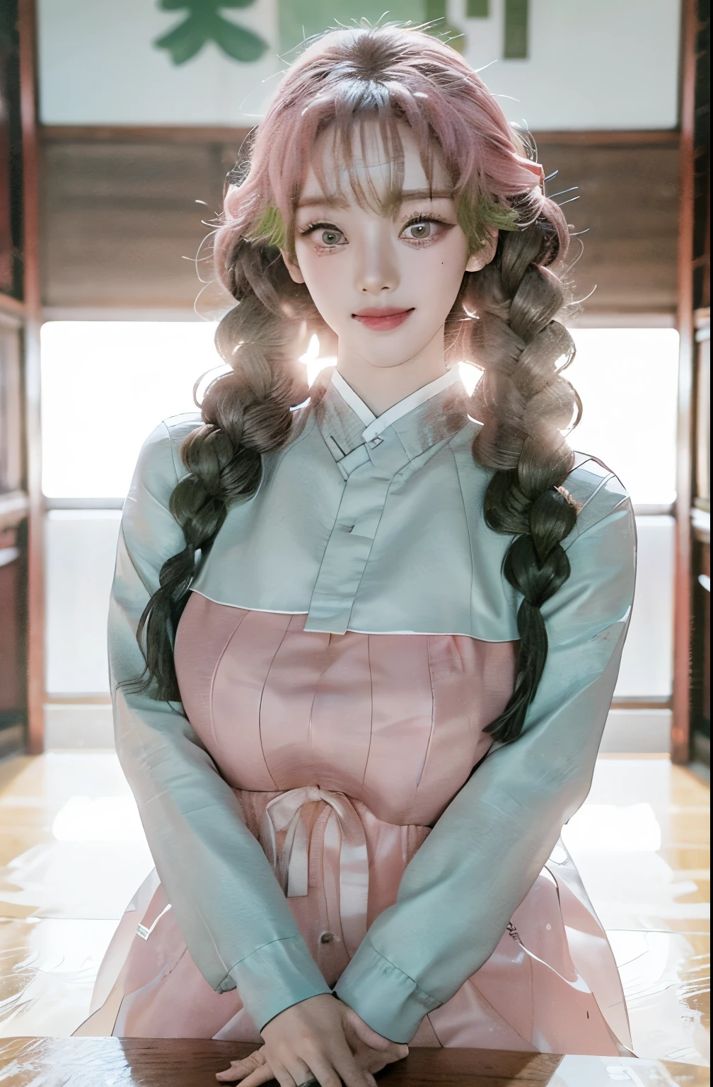 (masterpiece, 8k, ultra high definition) Beautiful woman in her 20s, Han bok, Demon Slayer Mitsuri Hairstyle, Pink and green pigtails (huge breasts:1.2), 한국의 정통 Han bok, Pink clothes,  smile, Brilliant city