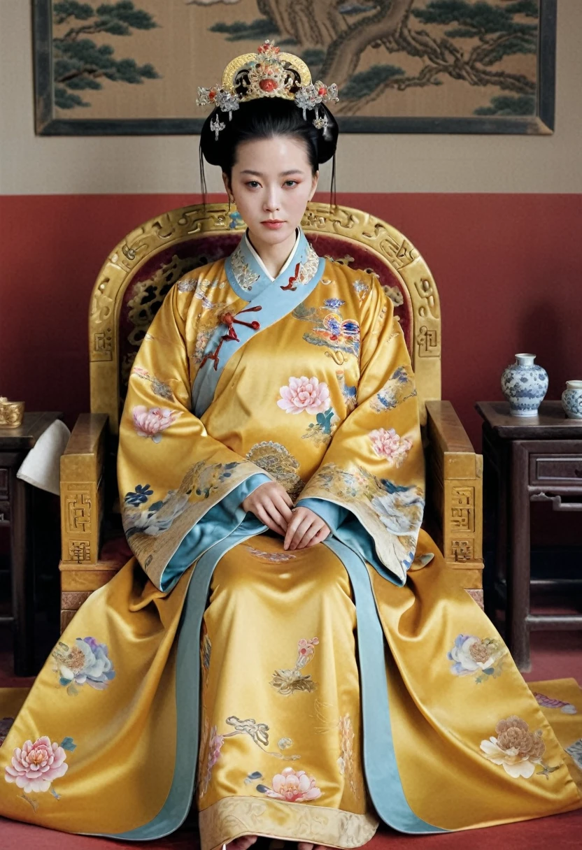 From before the Qing, The Empress sits naked on a golden sofa in the palace, Her eyes are wide open, Her legs were spread, big naked breasts. At the Chinese court during the Qing Dynasty, Empress of the Qing Dynasty, Empress of China, Wearing a large crown, When viewed from below, the abdomen and thighs are visible..。She is completely naked, Showing off gorgeous large flowers and hairpins, She tied her hair up and pulled it up, 背景はEmpress of the Qing Dynastyの豪華な宮殿.