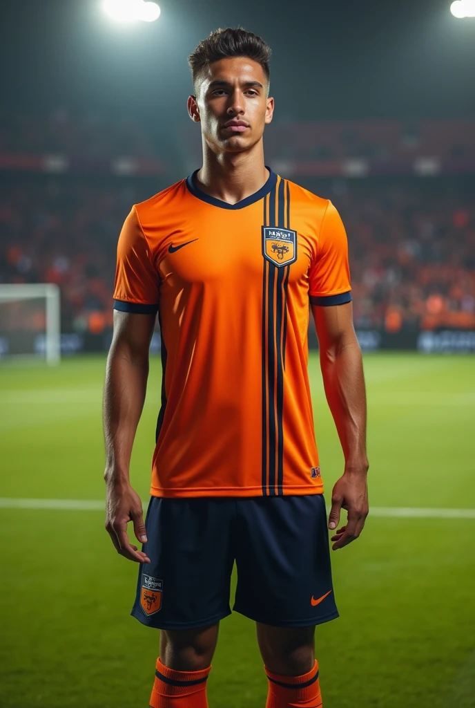 Custom soccer uniform primary color orange, with thin vertical navy blue stripes, black shorts and shield on the left side of the chest with the word bela vista written on it 