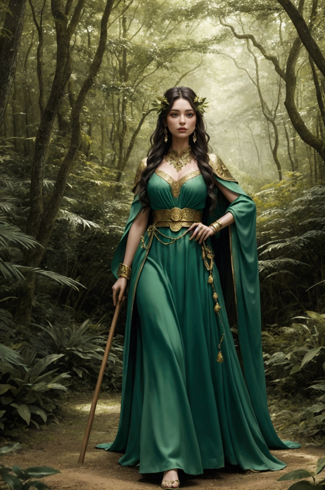 4k photograph of a hyperrealistic person in a forest setting. The figure holds a stick and wears a flowing green dress with gold detailing and a belt, along with accessories on the arms. The face is perfectly delineated, with well-defined eyes, nose and mouth, and the background features dense trees and foliage, creating an enchanting atmosphere that suggests a fantastical or mythical theme.