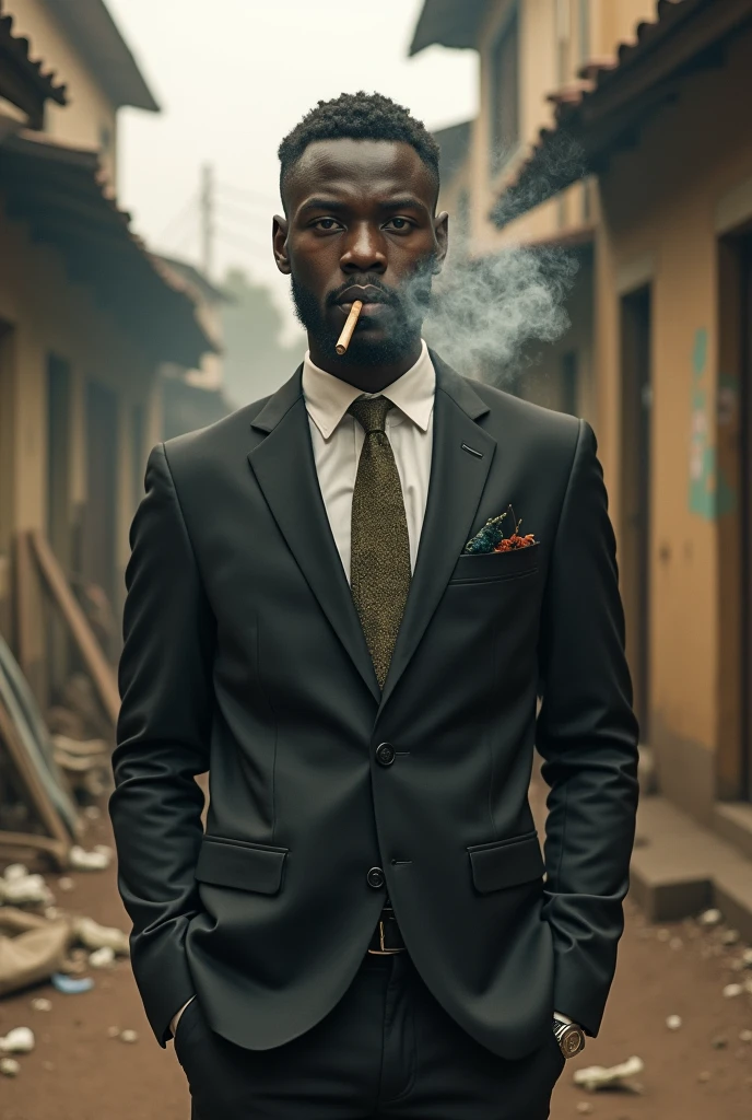 African youth man in suit smoking weed and kush in a slum