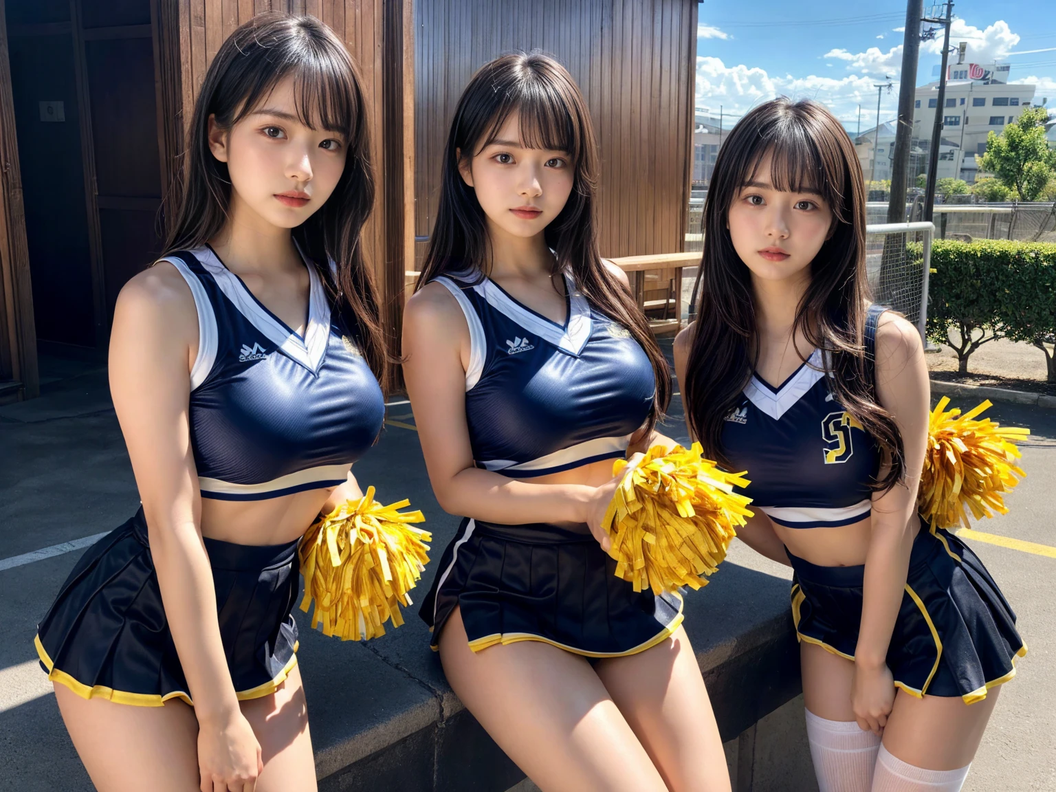 masterpiece, best quality, illustration, Super detailed, fine details, High resolution, 8K,wall paper, perfect dynamic composition,(Details High quality, realistic depiction of eyes:1.3), (3 girls), BREAK (cheerleader uniform with yellow as basic color:1.3), (holding a yellow pompoms in hand:1.4), (sleeveless yellow tunic with baseball team logo:1.4), yellow tops, (bold V-neck:1.3), ((Blue lines, black lines) on tops:1.3), ((fit and flare, A-line):1.3), (A-line yellow rah-rah skirt:1.3), mini skirt, (black socks:1.3), (sports shoes:1.2), sitting, open legs, short bob hair, in a hotel room in the background, deep on field, large breasts, black hair color, Big Natural Color Lip, (perfect body shape), crying a little、Harajuku style、20 year old girl、cute type、beautiful legs, Gravure Idol