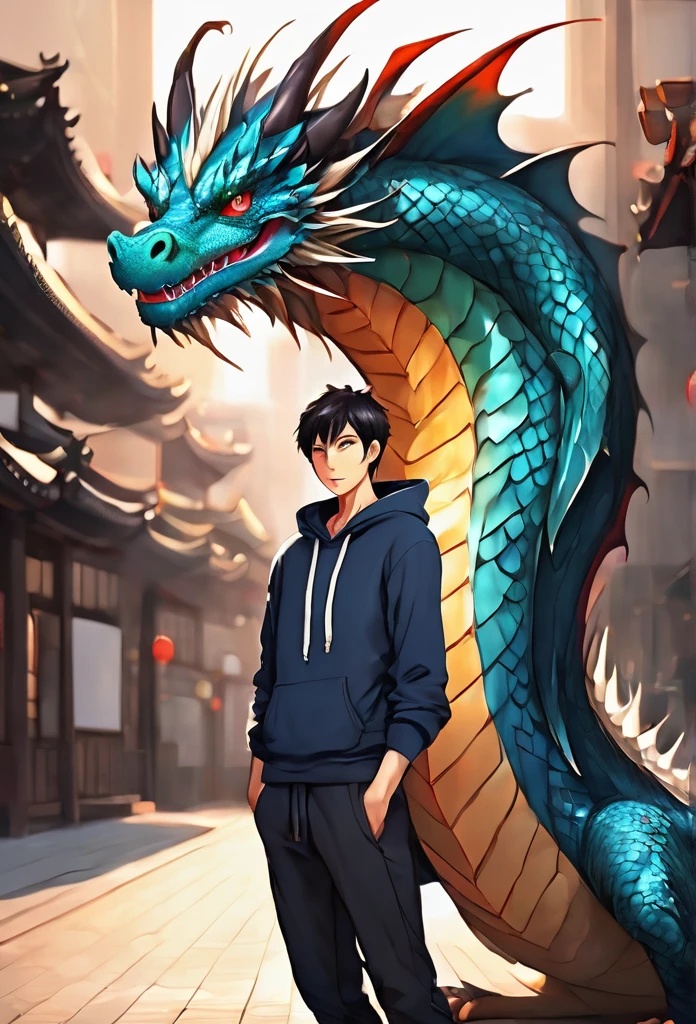 A dragon demihuman (Eastern Dragon), with a Scrawny muscular build, male, solo, 1boy, wearing a hoodie, has a horn, few scales, Japanese dragon