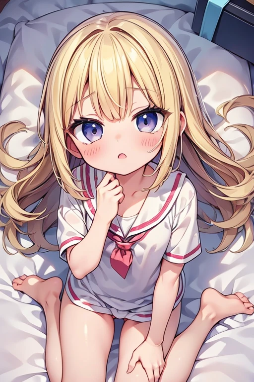 One person！！、Baby Face、((Ahegao))、Lori、human、6 year old girl、Long Hair、Blonde！、With bangs、small、1st grade elementary school students、Big eyes、barefoot、black eye、cute、Are thin、凄くsmall胸、身長のsmall、体のsmall、Short legs、On all fours、pajamas、Night view、Bedroom、bed、Bare Skin、Show your face、((Lying down))、Get closer to the camera、(Top View:1.6)、