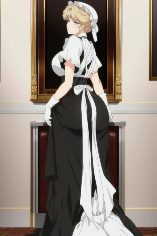 Maria_VM, huge_breasts, standing, solo, VIctorian_Maid_Uniform, masterpiece, best quality, detailed face, detailed eyes, highres, white gloves, long skirt, leaning back, posing, from behind, ass support looking at viewer, 