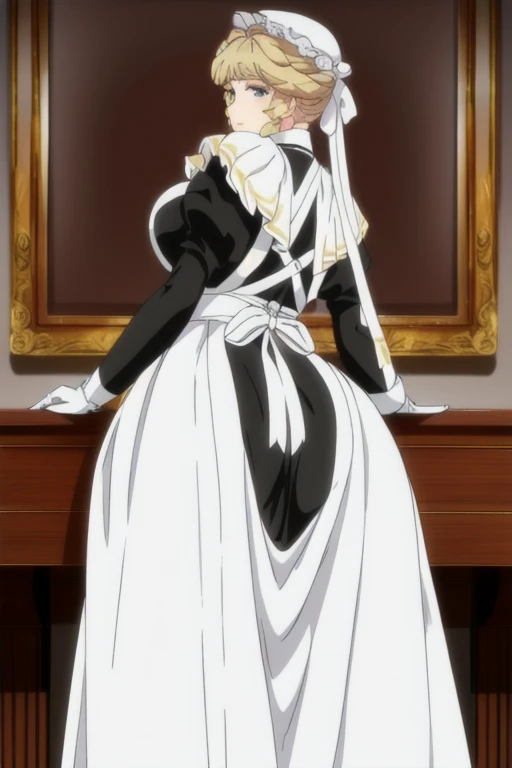 Maria_VM, huge_breasts, standing, solo, VIctorian_Maid_Uniform, masterpiece, best quality, detailed face, detailed eyes, highres, white gloves, long skirt, leaning back, posing, from behind, ass support looking at viewer, 