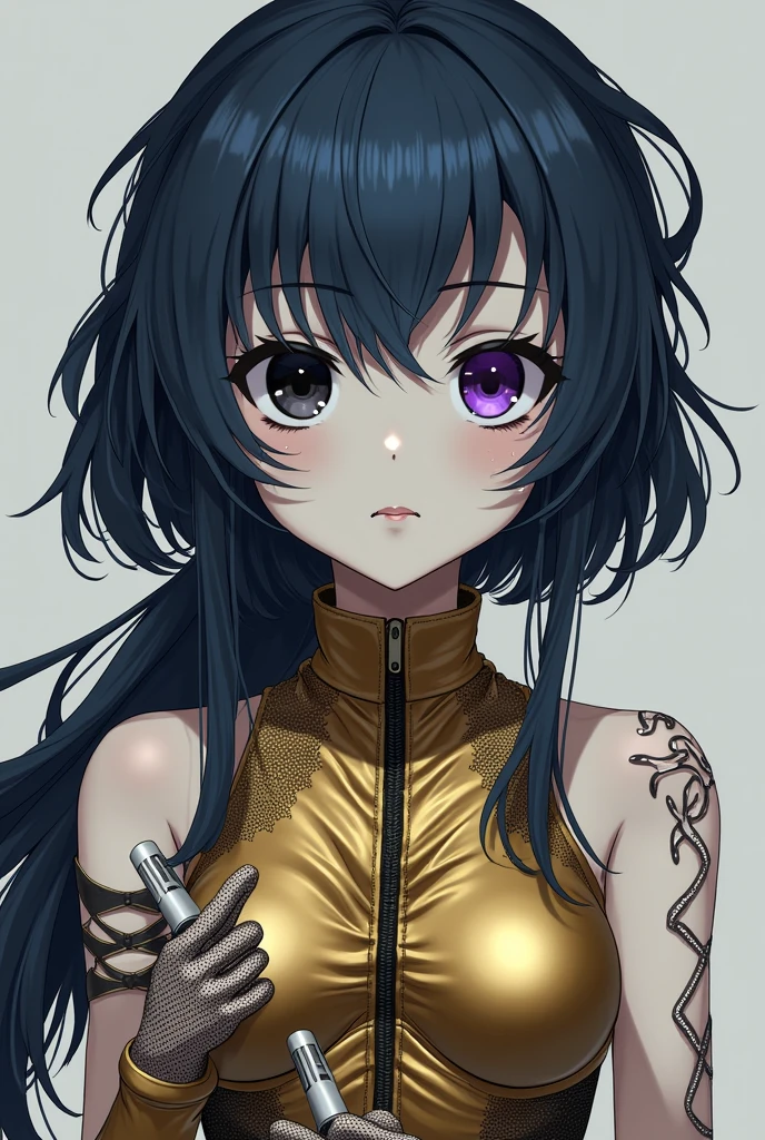 Anime girl with blue-black hair, gray skin, one black eye and one purple eye, with scars on one eye, golden clothing with mesh gloves and bottles, on the body marks as if it were a human doll, Model body with a serious look but with a black and white background