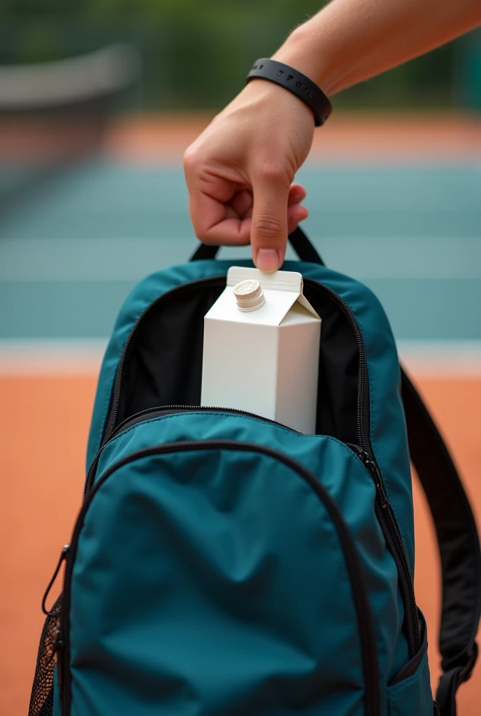 Hand with sports bracelet putting small milk carton into open sports backpack,Backlight,Photography,Vertical Image,zoom in,A corner of the tennis court