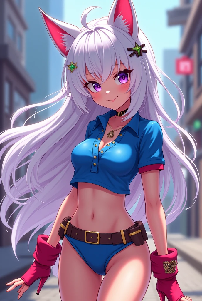 Anime girl age 16 years old with adorable Sonic style ears and bat style ears like the bat girl from the Sonic series, very beautiful and small with a good body, a tight short shiny blue polo shirt that shows her belly and long straps that show her breasts a little and beautiful fire red high heel boots and shiny white hair and skin and her hair length is down to her back and her eyes are bright and beautiful, one purple and the other green and with accessories on her head and on her high heel boots..