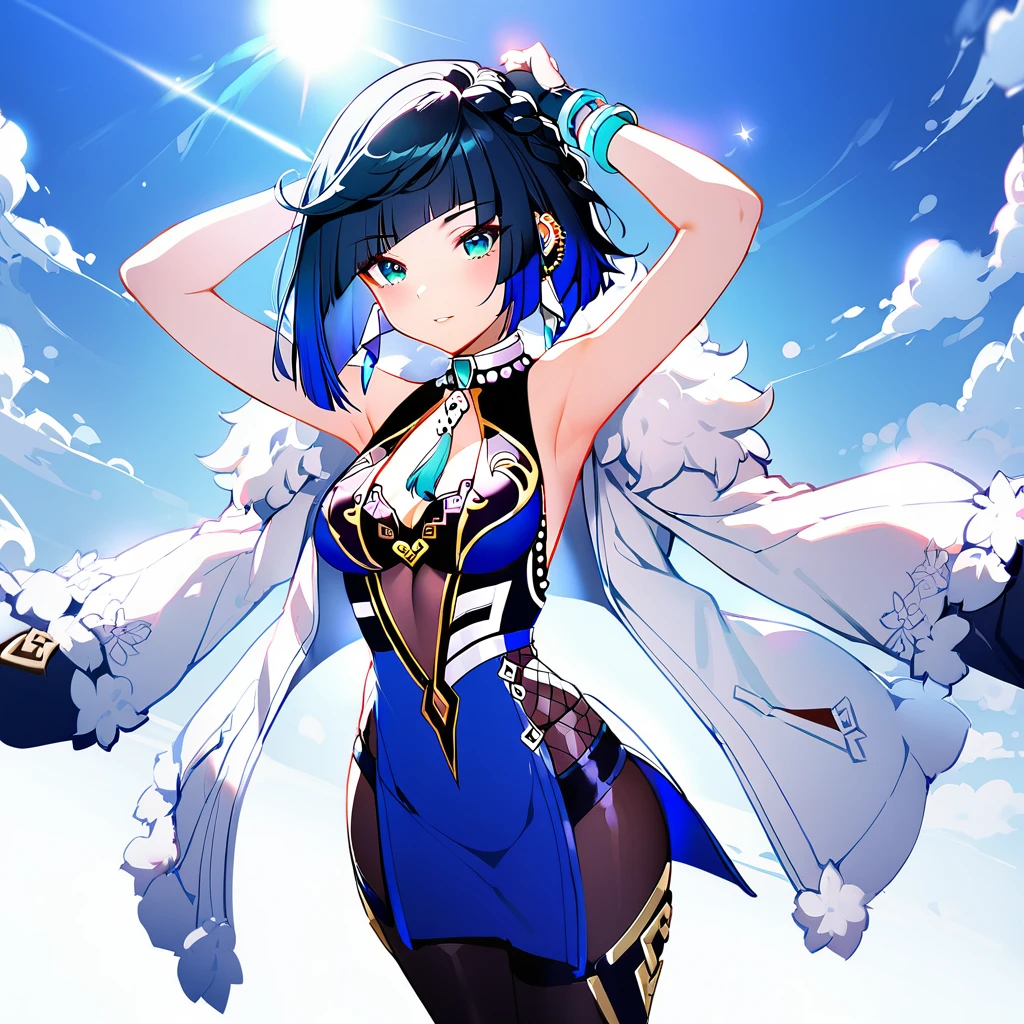 (1girl:1.3), (yelan genshin impact:1.2), (standing:1.1), (arms up:1.0), (tights from chest to toe:1.3), (narrow waist:1.2), (bare shoulders:1.1), (black hair:1.2), (blue eyes:1.2), (blush:1.0), (small breasts:1.0), (open coat:1.1), (white coat:1.0), (blue sky background:1.0), (morning light:1.1), (natural light:1.0)