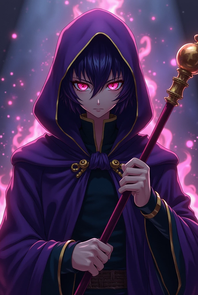a highly detailed and intricate anime portrait of the dark magician from yu-gi-oh, wearing a dark purple robe with gold trim, holding a magical staff, intense gaze, dramatic lighting, cinematic composition, vibrant colors, 8k, photorealistic, masterpiece