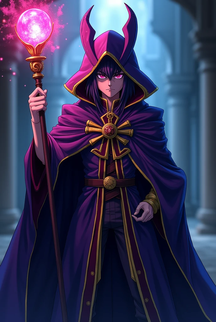 a highly detailed and intricate anime portrait of the dark magician from yu-gi-oh, wearing a dark purple robe with gold trim, holding a magical staff, intense gaze, dramatic lighting, cinematic composition, vibrant colors, 8k, photorealistic, masterpiece