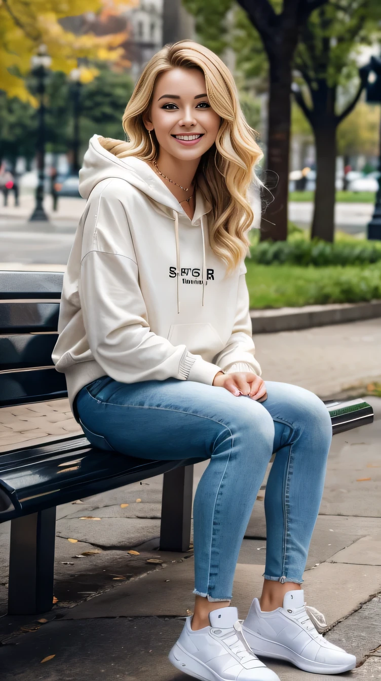 Super Resolution、Beautiful Caucasian Woman、Full body photo、sitting on a park bench、Blonde Hair、Short Haircut、Wavy Hair、ear piercing、necklace、hoodie、Skinny jeans、sneakers、、smile、Beautiful teeth alignment