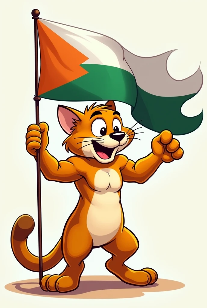 Generate me an image of an adult cartoon style puma, that holds a flag that has the white color first, then green and finally orange