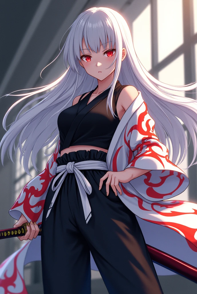 white long hair, red eyes, anime girl, black hakama pants, black shirt uniform, white modern belt, white long sleeve haori with fire patterns, katana on the hips, medium size chest, kimetsu no yaiba