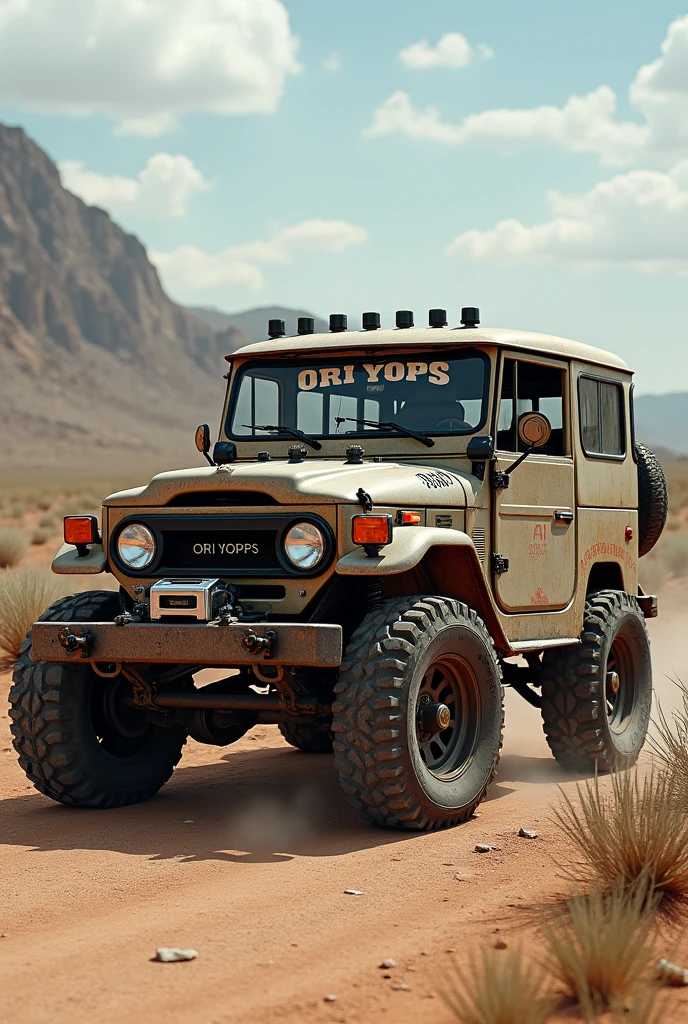 A 78 model modified land cruiser with Ori Yops written on the glass